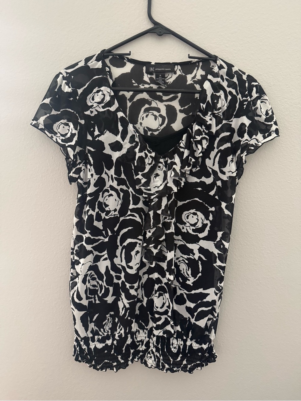 INC International Concepts Black and White Floral Ruffled Blouse